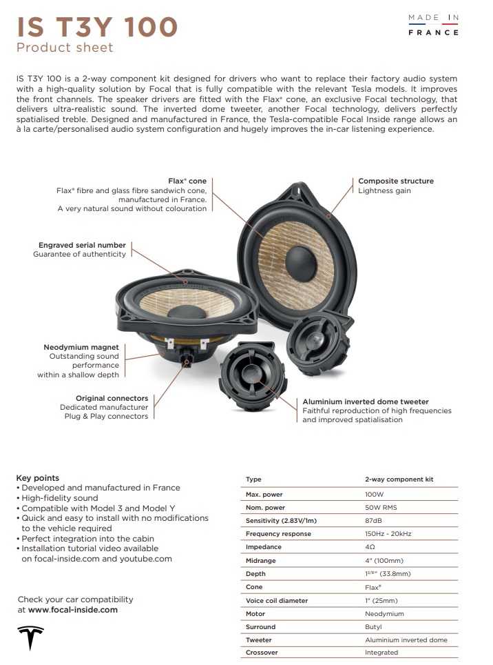 Focal IS-T3Y-100 10 cm (4") 2-Wege Kompo Lautsprecher Set kompatibel mit Tesla  Model 3 Standard, Sr+, Premium Lr Mr, Model Y Standard Sr, Y Premium Lr für Türen vorne