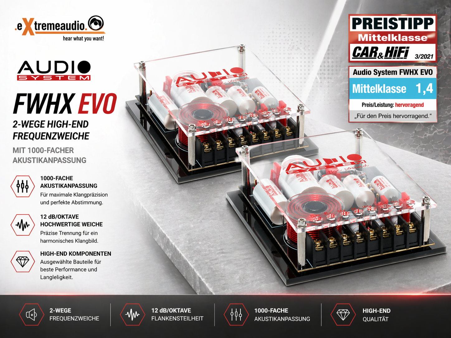 Audio System FWHX EVO 2-Wege HIGH-END Frequenzweiche mit 1000-facher Akustikanpassung 12 dB Weiche - 1 Paar