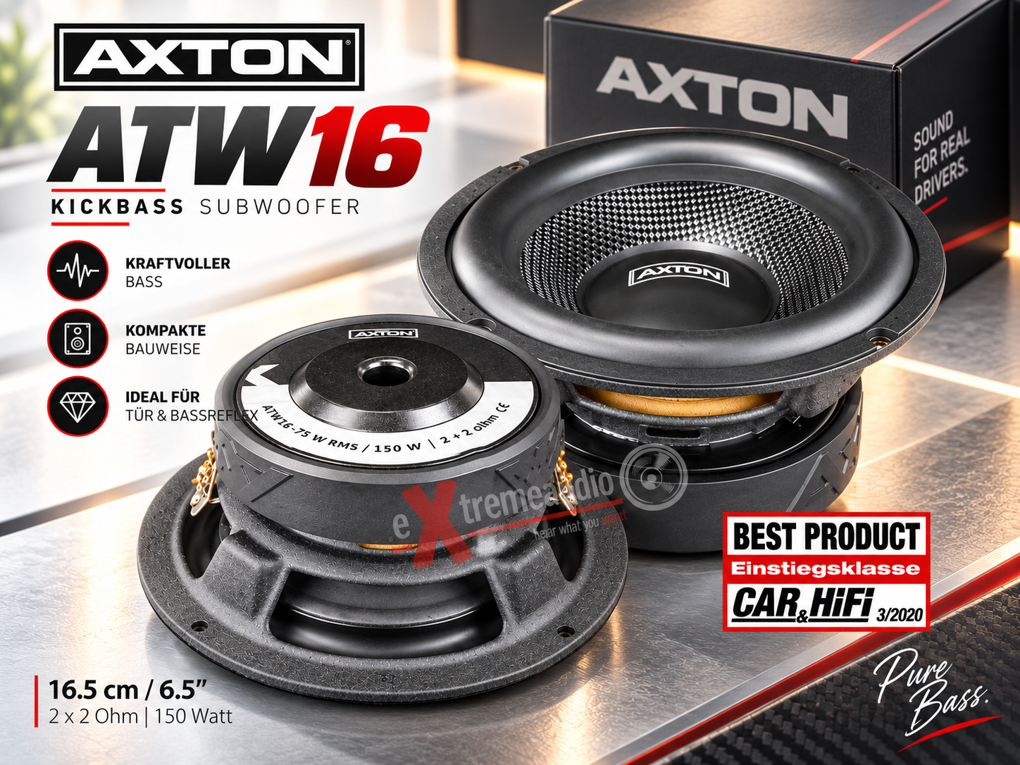 AXTON ATW16 16.5 cm / 6.5″ Subwoofer 2 x 2 Ohm 150 Watt Kickbass 