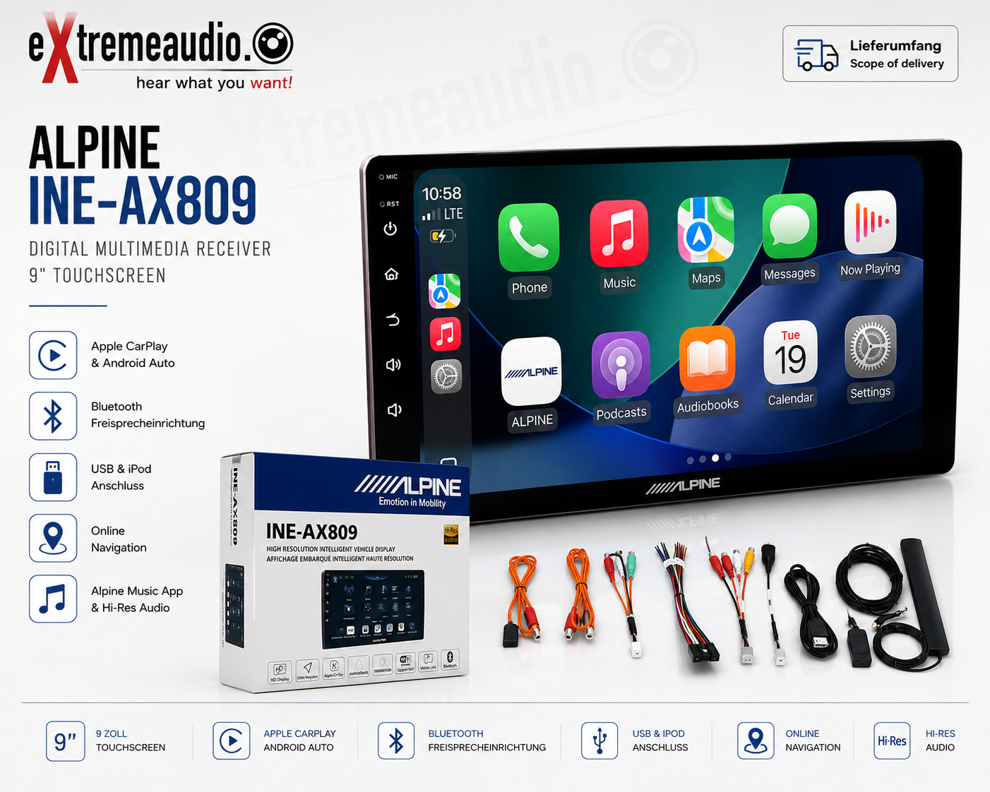 Alpine INE-AX809 Digital Multimedia Receiver MP3 Autoradio mit Touchscreen 9 Zoll, Bluetooth, USB, iPod, CarPlay   