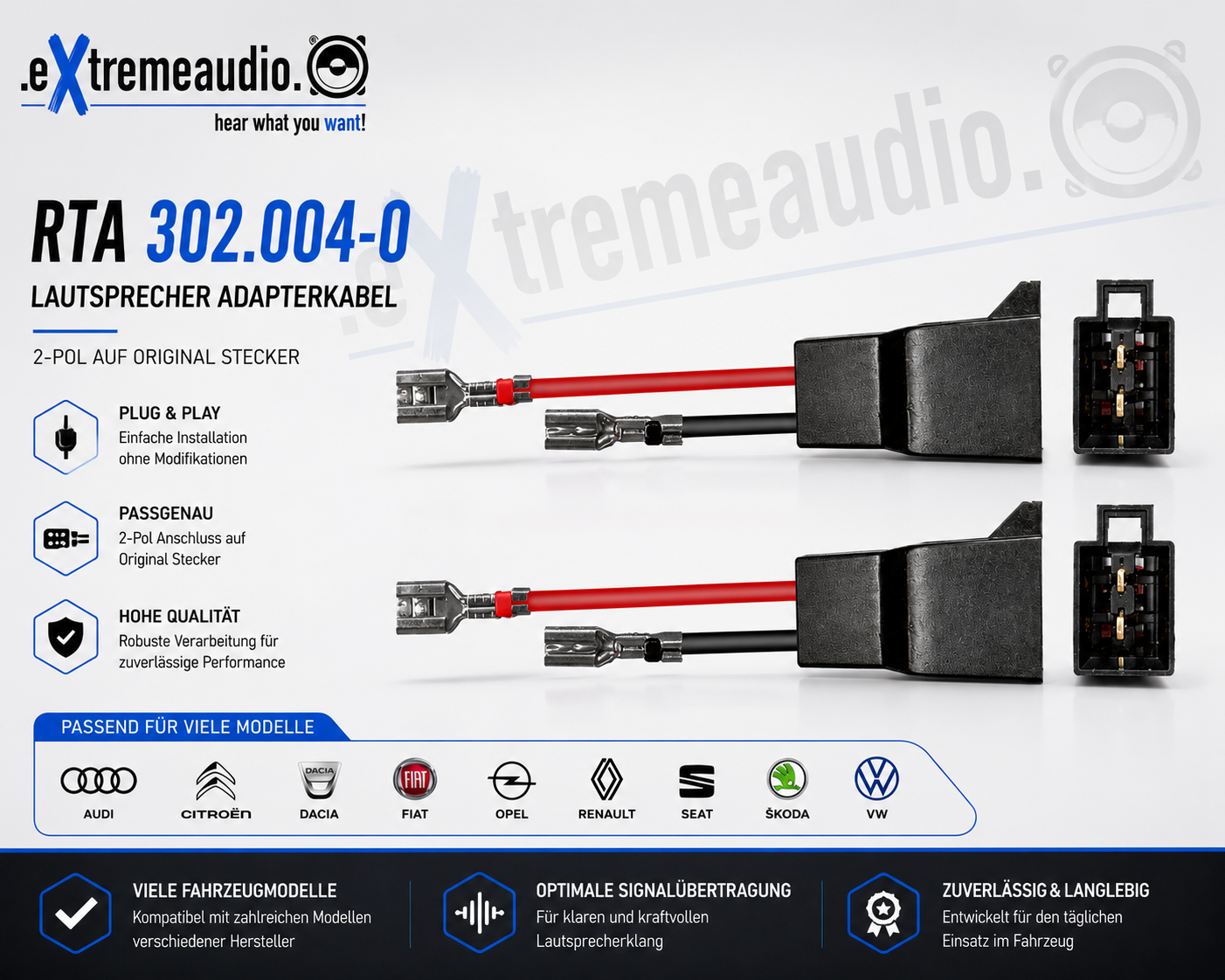 RTA 302.004-0 Lautsprecher Adapterkabel kompatibel mit Audi, Citroën, Dacia, Fiat, Opel, Renault, Seat, Skoda & VW Modelle