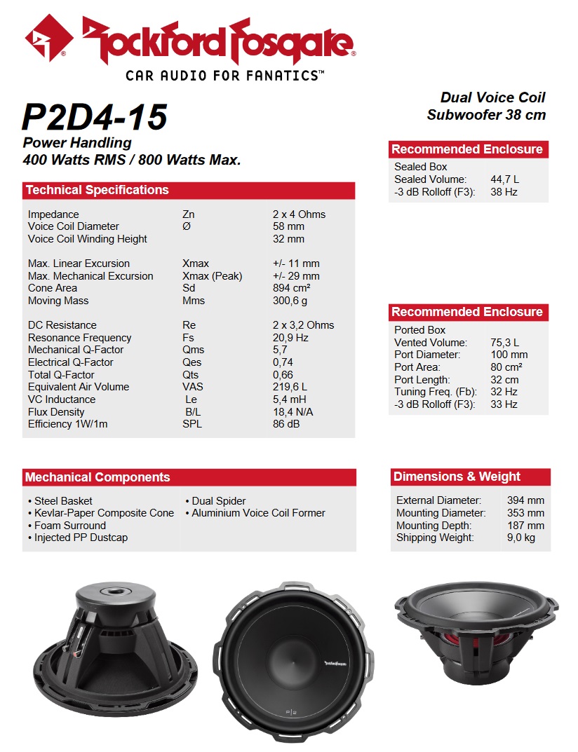 Rockford Fosgate P2D4-15 Punch P2 Subwoofer 38 cm (15") 400 Watt RMS 