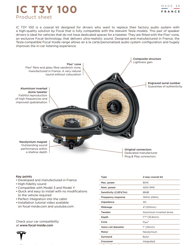 Focal IC-T3Y-100 10 cm (4") 2-Wege Koaxial Lautsprecher Set kompatibel mit Tesla Model 3 Standard, Sr+, Premium Lr Mr, Model Y Standard Sr, Y Premium Lr für Türen hinten