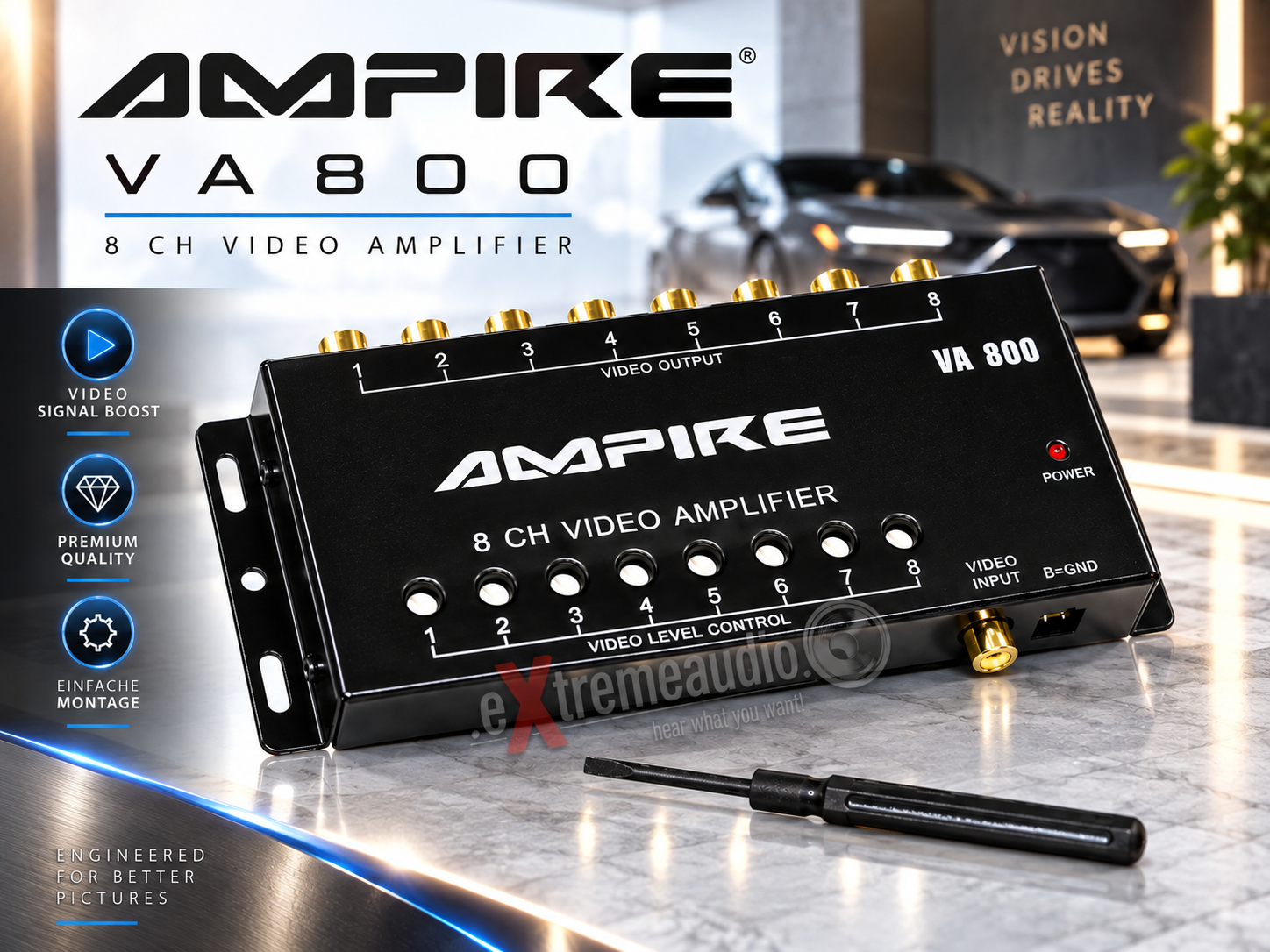 AMPIRE VA800 Videosignal Verteiler Verstärker (CVBS) 8-fach Cinch- Ein/Ausgänge