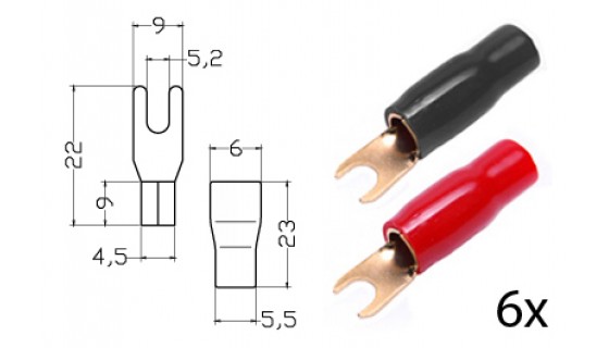 RTA 152.145-0 Klemm-Gabelkabelschuh isoliert, vergoldet, 6x ROT+ 6x SCHWARZ 10mm²  Durchm. 5mm