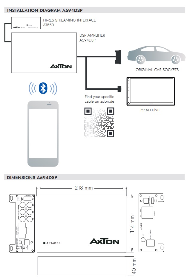 AXTON A594DSP Set Verstärker DSP mit Plug & Play Adapter kompatibel mit Alfa, Audi, BMW, Citroen, Fiat, Ford, Honda, Jeep, Kia, Lancia, Land Rover, Lexus, Mazda, Mercedes, Opel, Peugeot, Renault, Seat, Skoda, Smart, Toyota, Volkswagen, Volvo