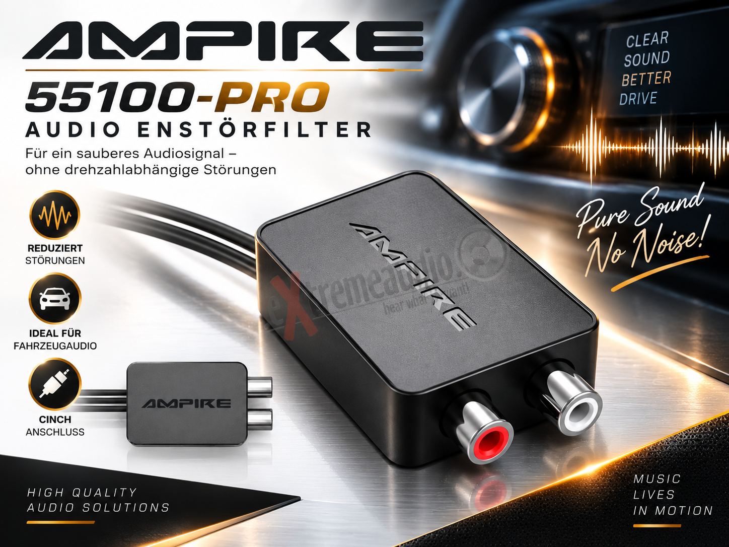 AMPIRE 55100-PRO NF-Entstörfilter Cinch um drehzahlabhängige Störungen durch Masseschleifen zu verhindern 