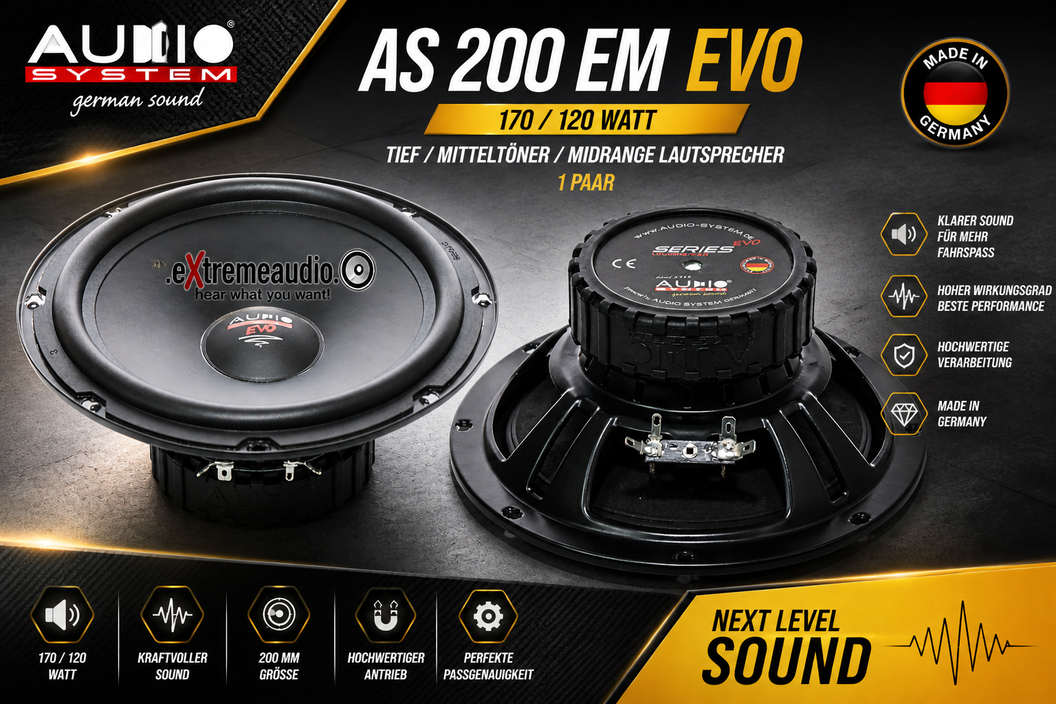 Audio System AS 200 EM EVO Mitteltöner 20 cm (8") Kickbass Auto Lautsprecher Tieftöner 170 Watt - 1 Paar