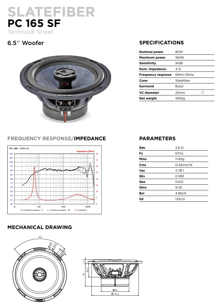 Focal PC165SF SLATEFIBER-Serie 16,5 cm (6.5") 2-Wege Koax Lautsprecher Set 160 Watt - 1 Paar   