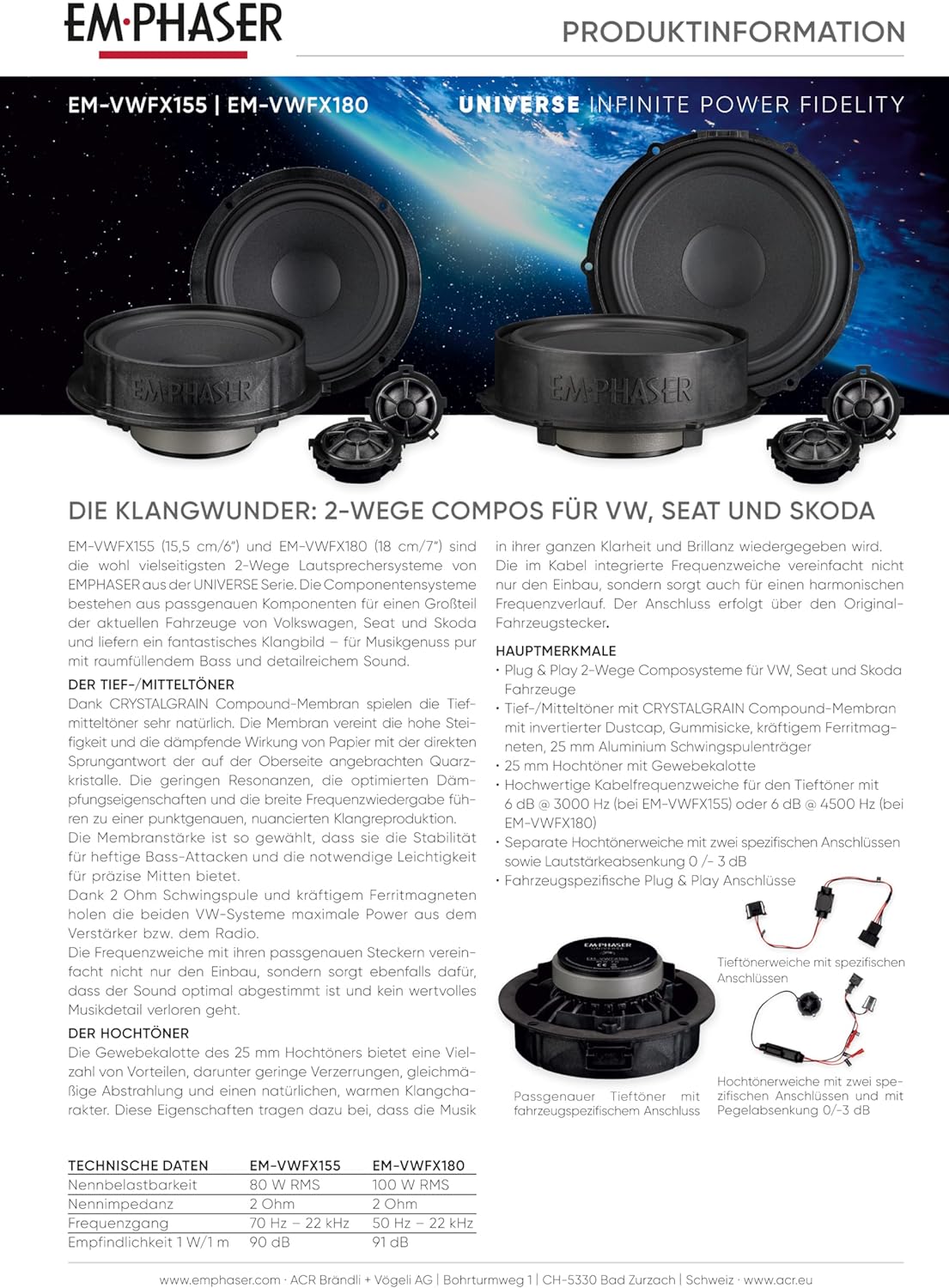 EMPHASER EM-VWFX180 Plug & Play 18 cm (7“) 2-Wege Kombo Lautsprecher Set kompatibel mit VW, Seat, Skoda, Soundsystem für Tür Einbau