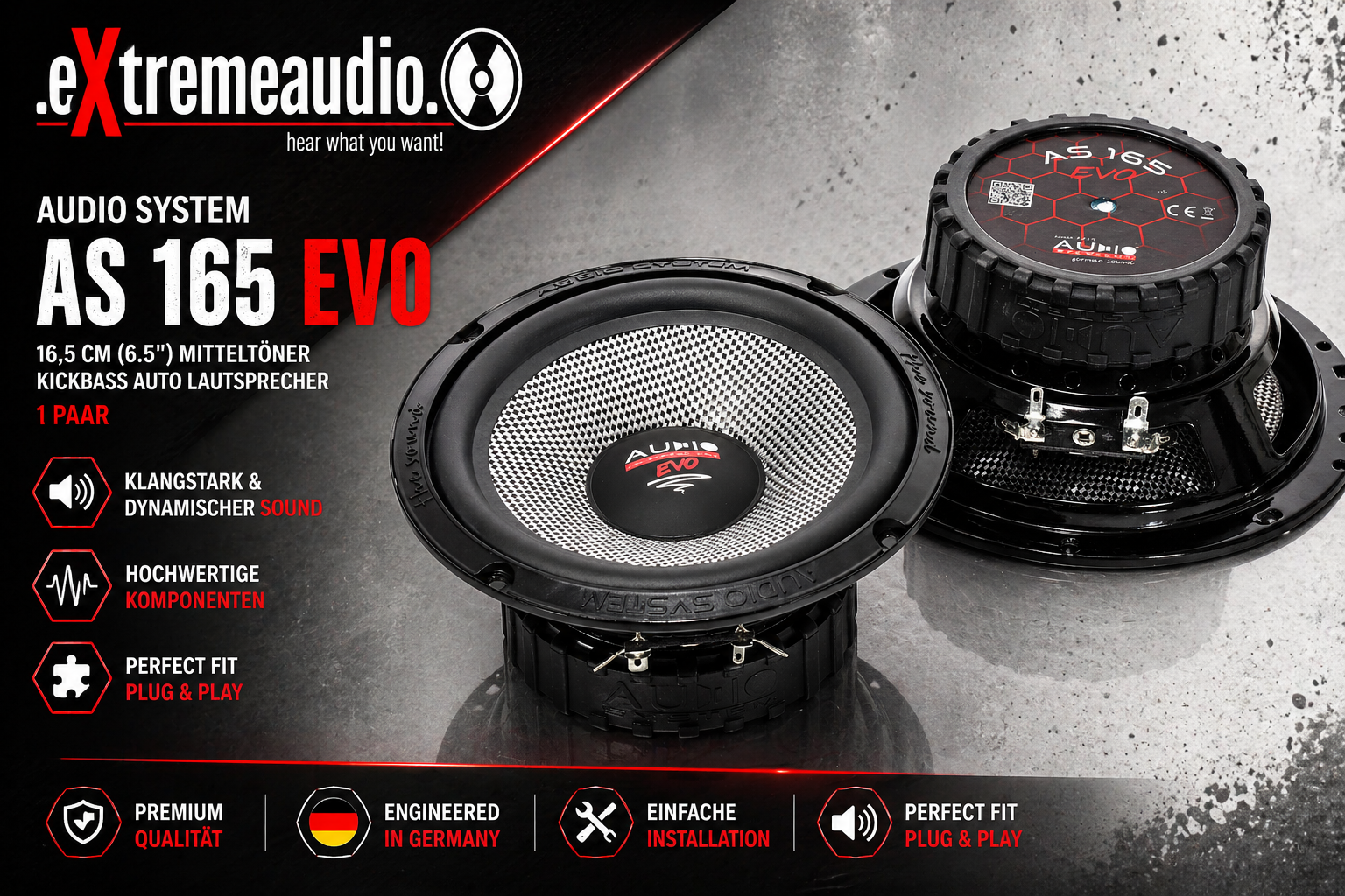 Audio System AS 165 EVO Mitteltöner 16,5 cm (6.5") Kickbass Auto Lautsprecher Tieftöner 145 Watt - 1 Paar