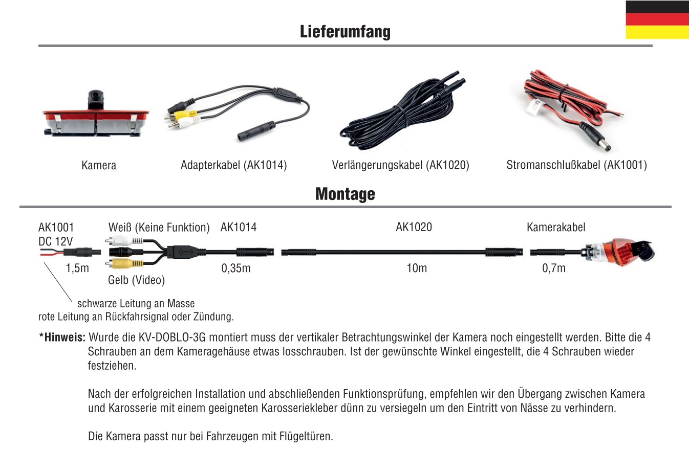 AMPIRE KV-DOBLO-3G Rückfahrkamera (CVBS), kompatibel mit FIAT Doblo 2, OPEL Combo D (mit Flügeltüren)   