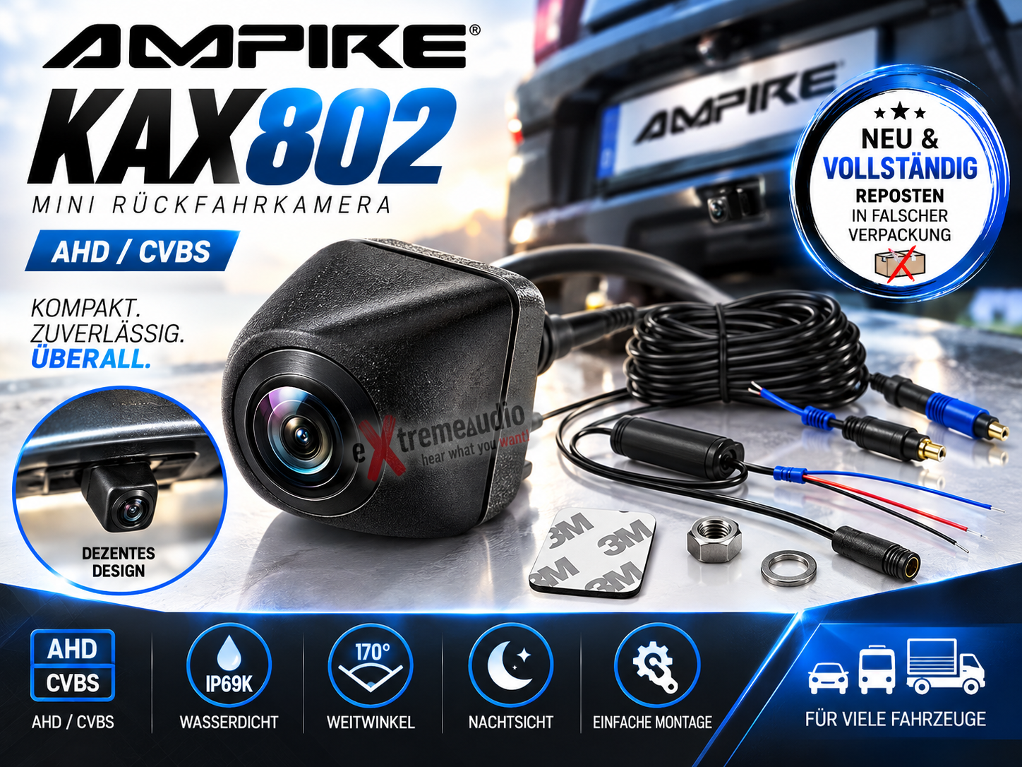 AMPIRE KAX802 Mini Rückfahrkamera (AHD/CVBS) Kamera mit 150° Unterbaukamera  - Restposten