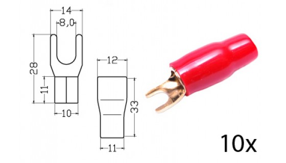 RTA 152.386-2 Bornes de serrage - fourche isolées, plaqué or, 10x ROUGE 35mm2 diam. diam 8mm