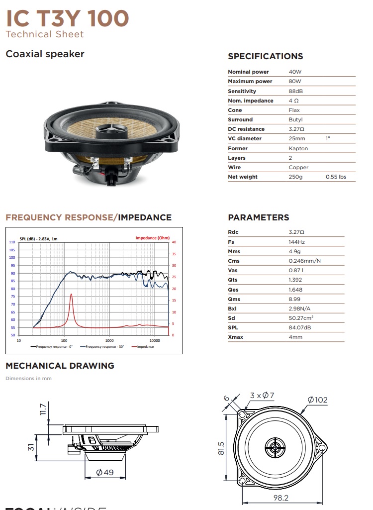 Focal IC-T3Y-100 10 cm (4") 2-Wege Koaxial Lautsprecher Set kompatibel mit Tesla Model 3 Standard, Sr+, Premium Lr Mr, Model Y Standard Sr, Y Premium Lr für Türen hinten