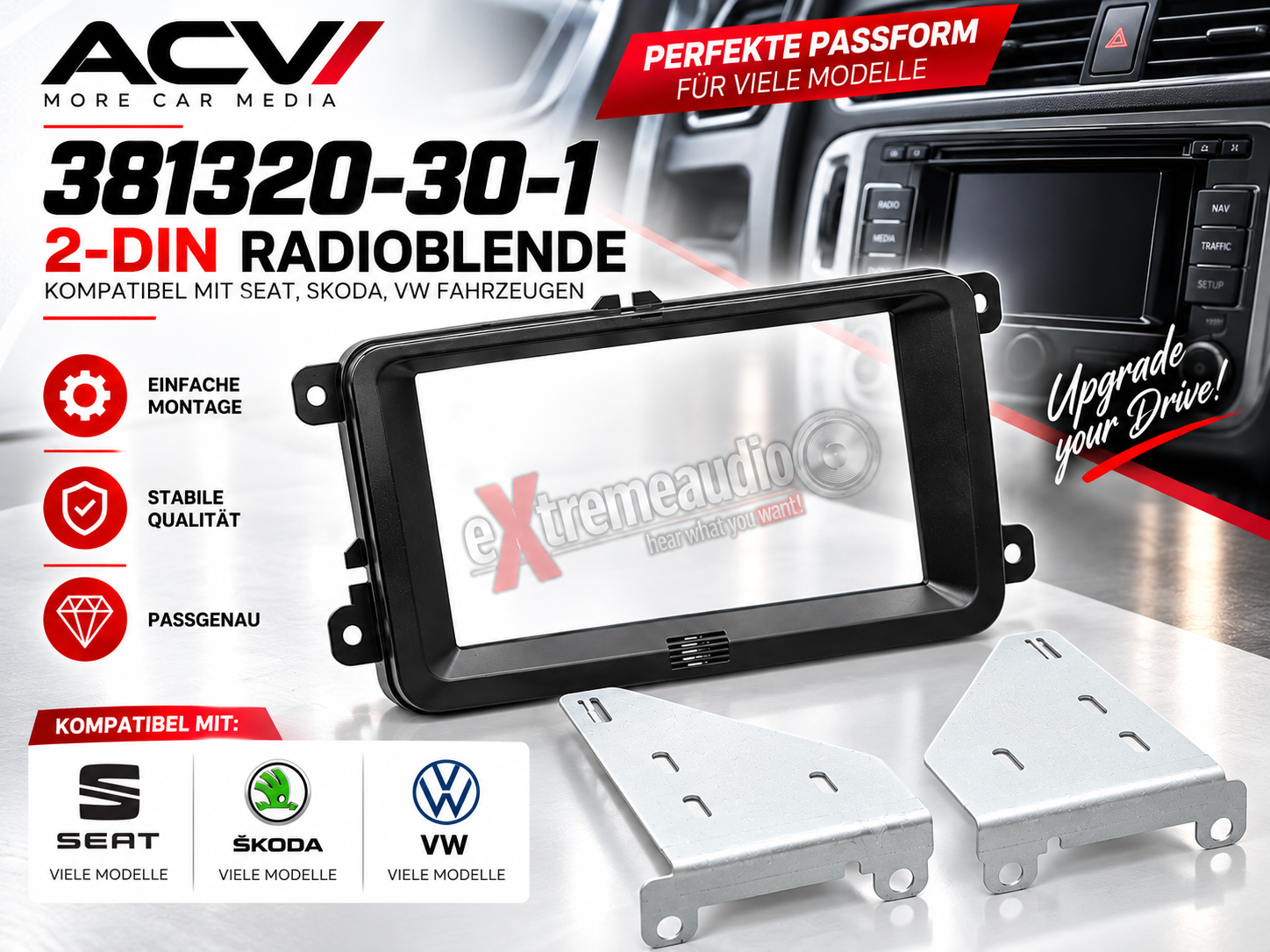 ACV 381320-30-1 2-DIN Radioblende kompatibel mit Seat, Skoda, VW Fahrzeugen