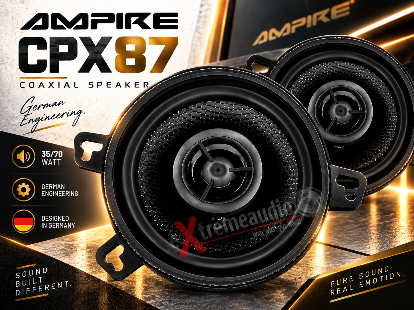 Ampire CPX87 2-Wege Koaxial Lautsprecher ohne Gitter, 87mm - 1 Paar, passend für Armaturenbrett VW Golf, VW Jetta 2