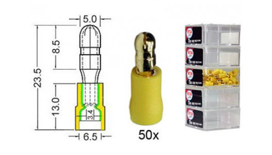 RTA 152.016-2 Round connector insulated and GOLD, YELLOW 5.0mm in 50-pack