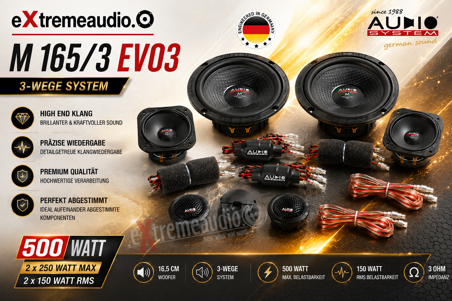 Audio System M 165/3 EVO3 16,5 cm (6.5”) 3-Wege Komponenten Lautsprecher System – M-SERIES 500 Watt