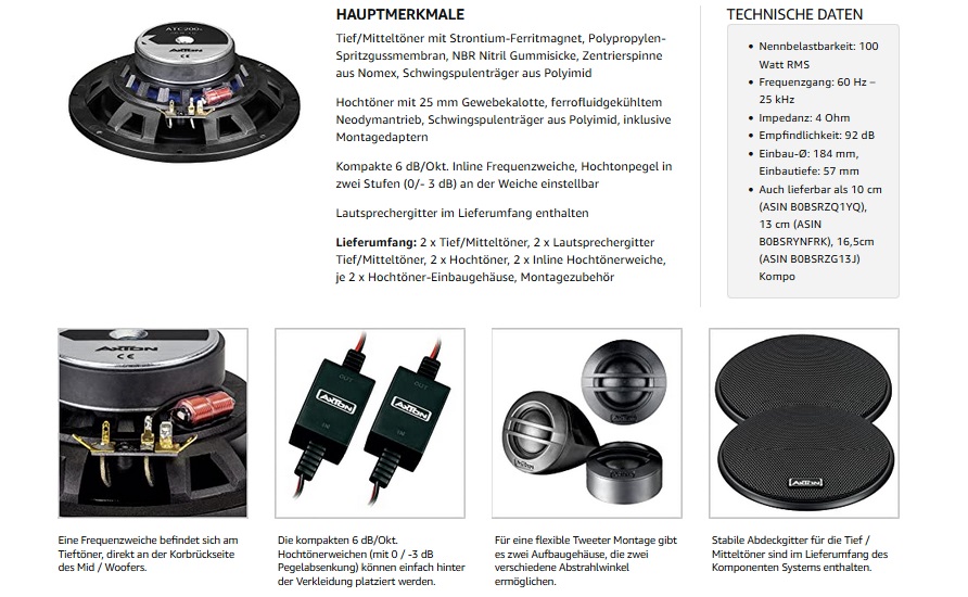 AXTON ATC200S 20 cm (8") Kompo Lautsprecher System 100 Watt RMS