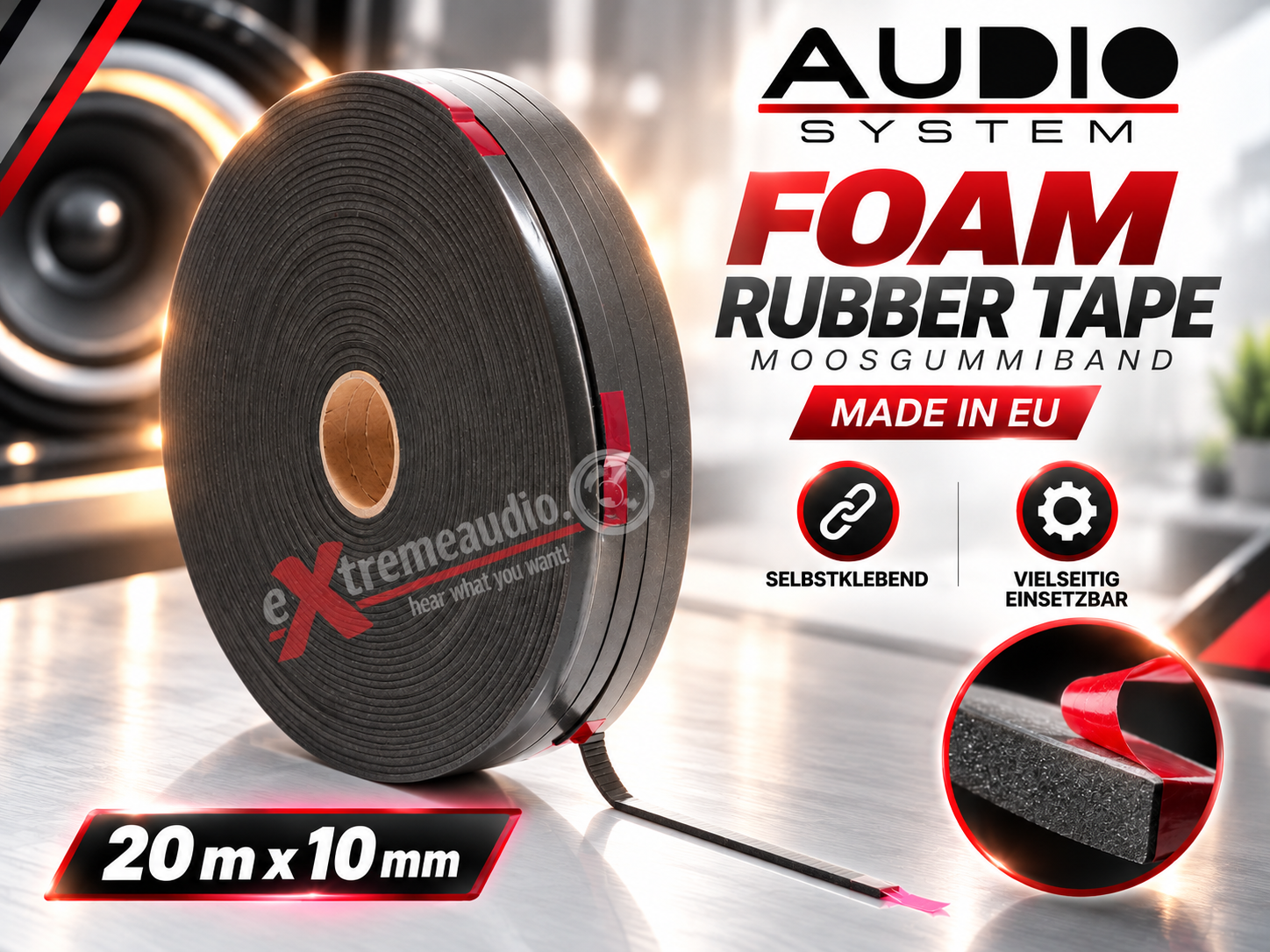 AUDIO SYSTEM FOAM RUBBER TAPE MOOSGUMMIBAND  MADE in EU selbstklebend 20m x 10 mm