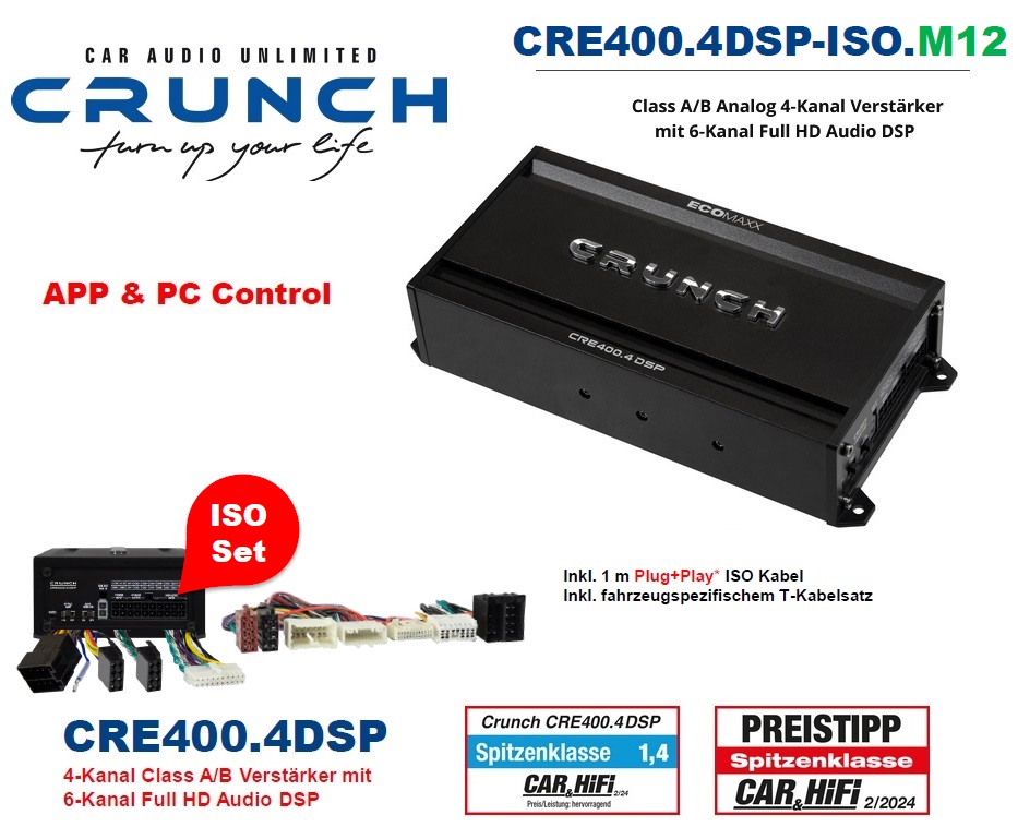 Crunch CRE400.4DSP-ISO.M12 4-Kanal DSP Verstärker mit Plug & Play Adapterkabel kompatibel mit Renault Fahrzeugen