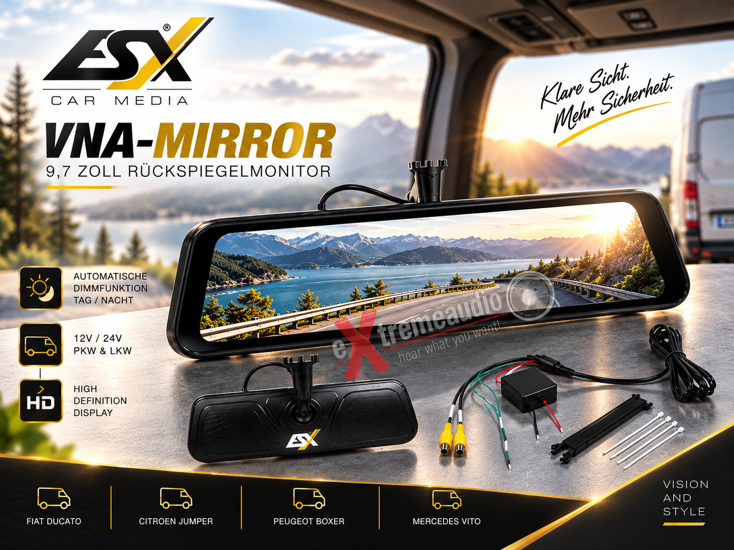 ESX VNA-MIRROR 9,7 Zoll Rückspiegelmonitor mit Vollbildansicht kompatibel mit Fiat Ducato, Citroen Jumper, Peugeot Boxer und Mercedes Vito