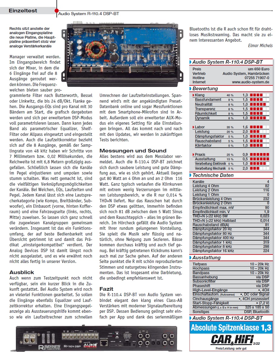 Audio System R-110.4 DSP-BT 4-Kanal DSP Verstärker mit 8-Kanal DSP und BT