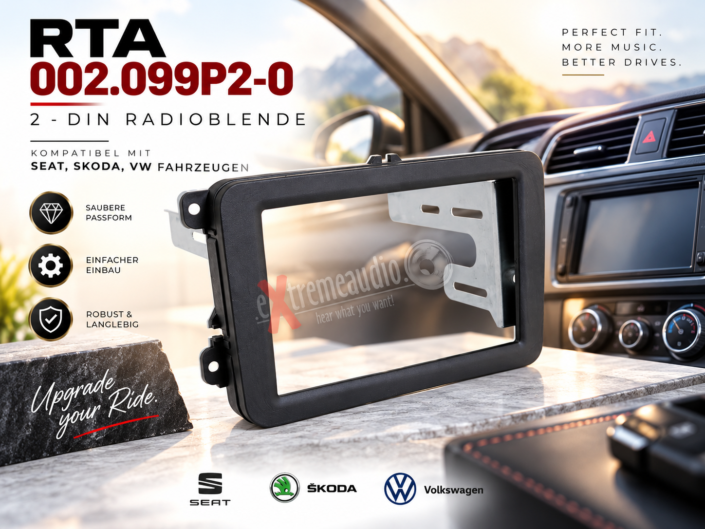 RTA 002.099P2-0 Double DIN lunette principale Skoda Seat VW tactile caoutchouc et serre-tête