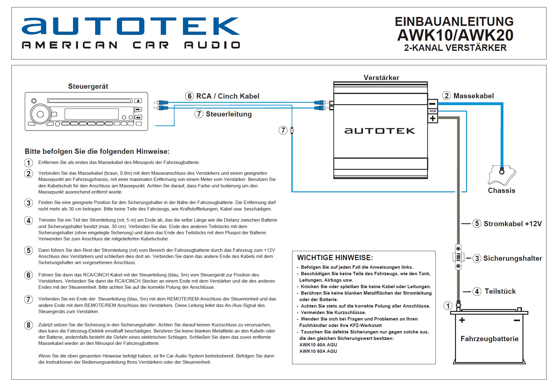 Autotek AWK20 Verstärker Installations Kit Einbau Verstärker Anschluß Set 20 mm²