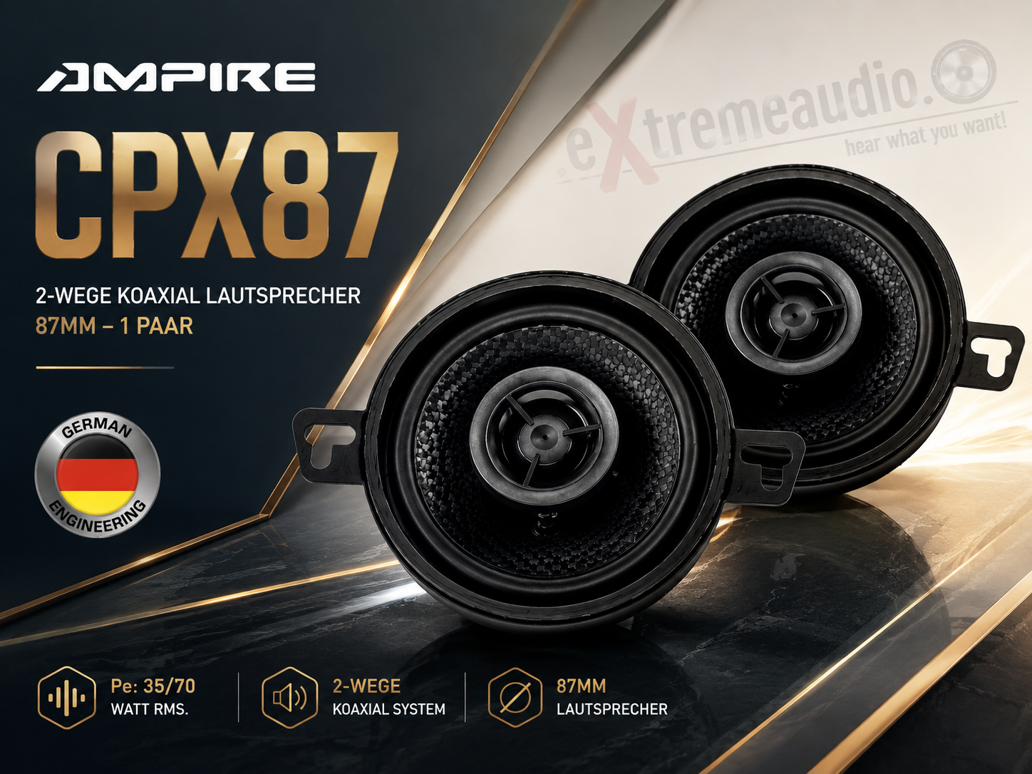 Ampire CPX87 2-Wege Koaxial Lautsprecher ohne Gitter, 87mm - 1 Paar, passend für Armaturenbrett VW Golf, VW Jetta 2