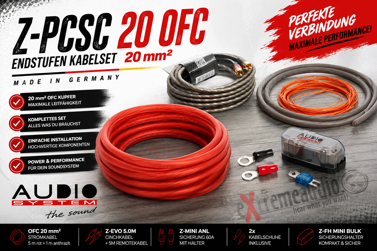 Audio System Z-PCSC 20 OFC Kupfer 20 mm² Endstufen Kabelset Verstärker Anschluss-Set mit 5m Cinchkabel