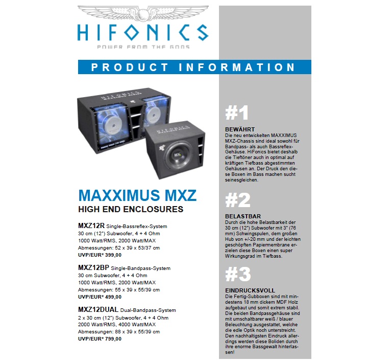 HIFONICS MXZ-12R bass reflex enclosure sub-Maxximus Z-Series bass reflex 30 cm