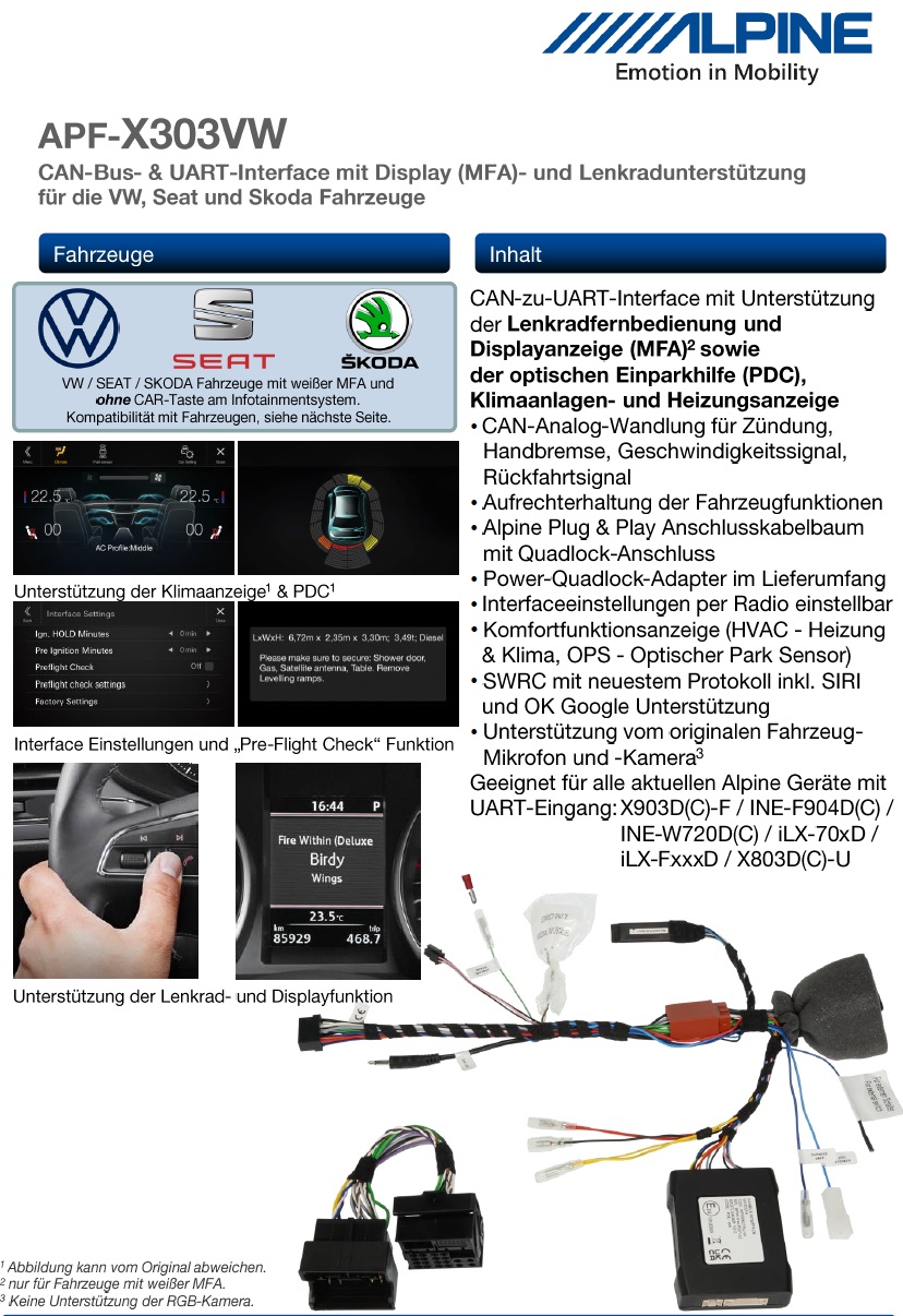 Alpine APF-X303VW CAN-Bus- & UART-Interface mit Display (MFA) und Lenkradunterstützung kompatibel mit VW, Seat, Skoda Fahrzeugen