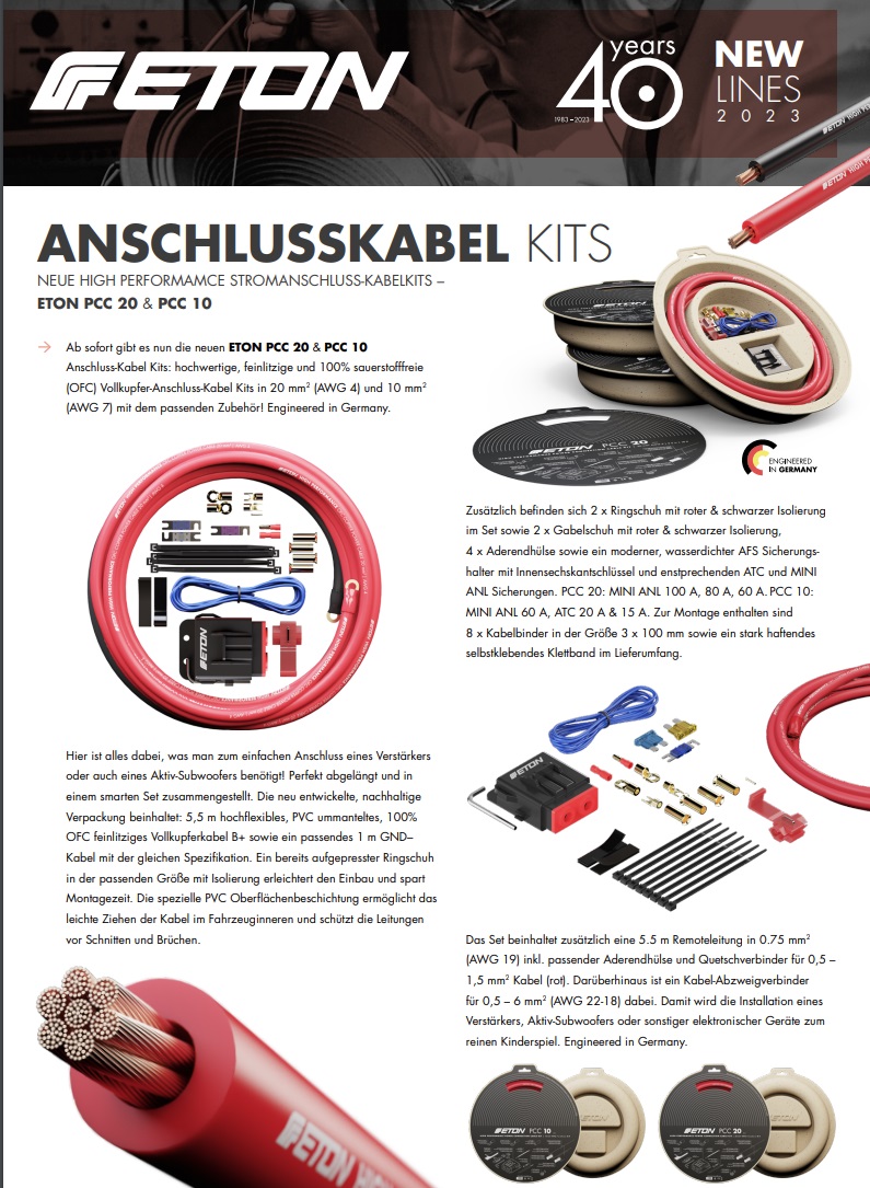 ETON PCC 20 Verstärker Anschlußset 20 mm² Power Connection Cable Set 20 mm2 Set zur Installation von Auto Verstärkern und Aktiv Subwoofern