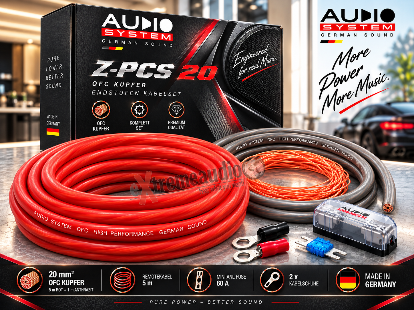 Audio System Z-PCS20 Kabelkit 20mm² mit OFC Powerkabel Kupfer ofc 99,9% Verstärkeranschlußset Z-PCS 20