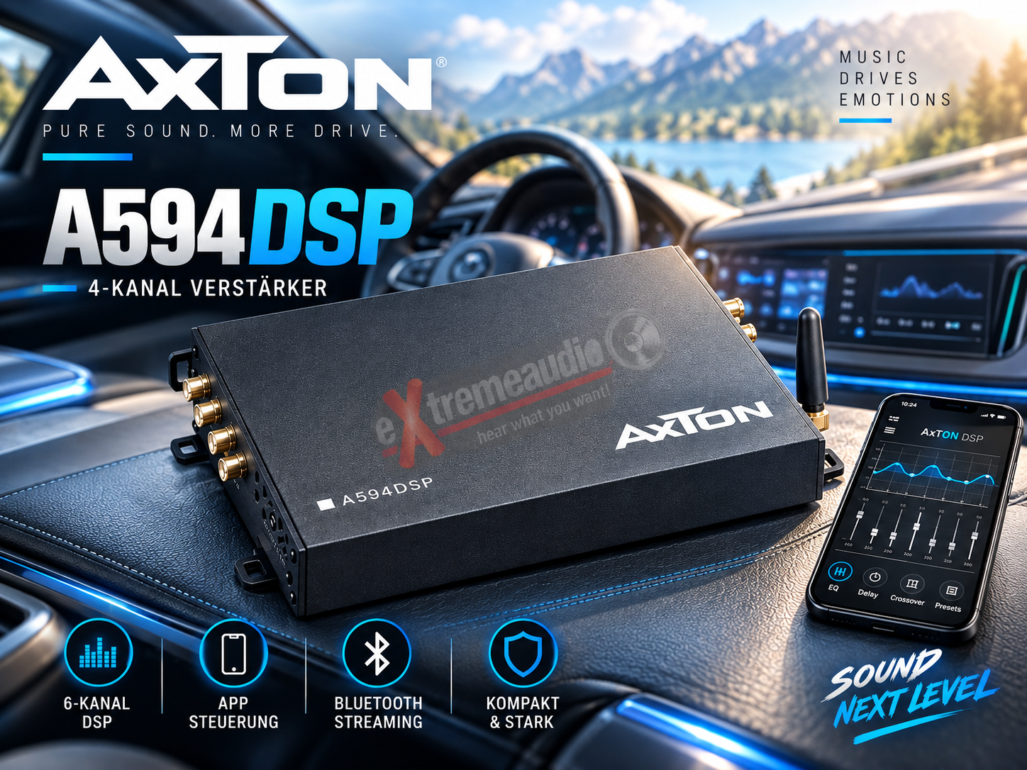 AXTON A594DSP 4-Kanal Verstärker mit 6-Kanal DSP, Handy App-Steuerung, Bluetooth Audiostreaming
