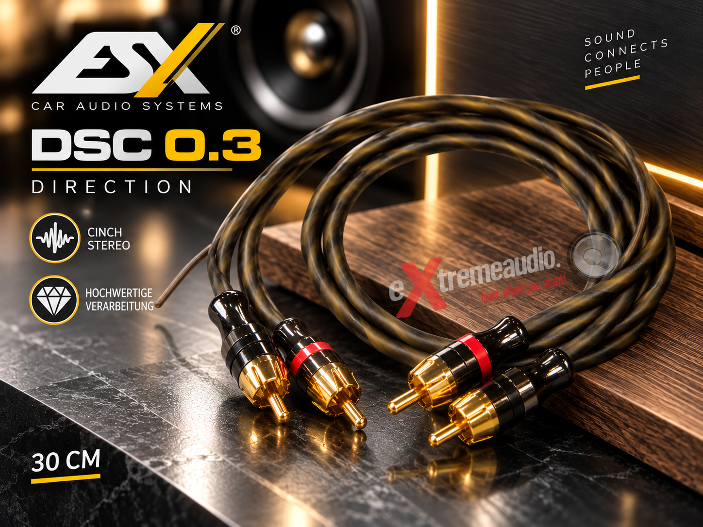 ESX DSC0.3 Cinch Audio Stereokabel, 0,3 Meter 99,9% OFC Kupferkabel Cinchkabel inkl. Steuerleitung