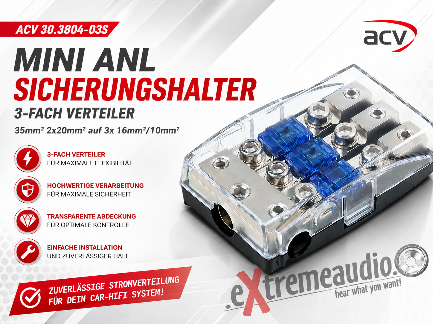 ACV 30.3804-03s Mini ANL fusibile titolare ( argento) 1 x 35 mm² + 2 x 20 mm²