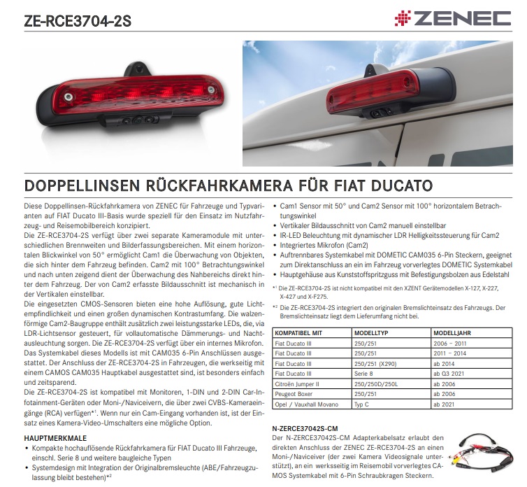 ZENEC ZE-RCE3704-2S Rückfahrkamera kompatibel mit Fiat Ducato, Peugeot Boxer, Citroen Jumper, Reisemobile, Transporter, Bremslicht Doppel Kamerasystem