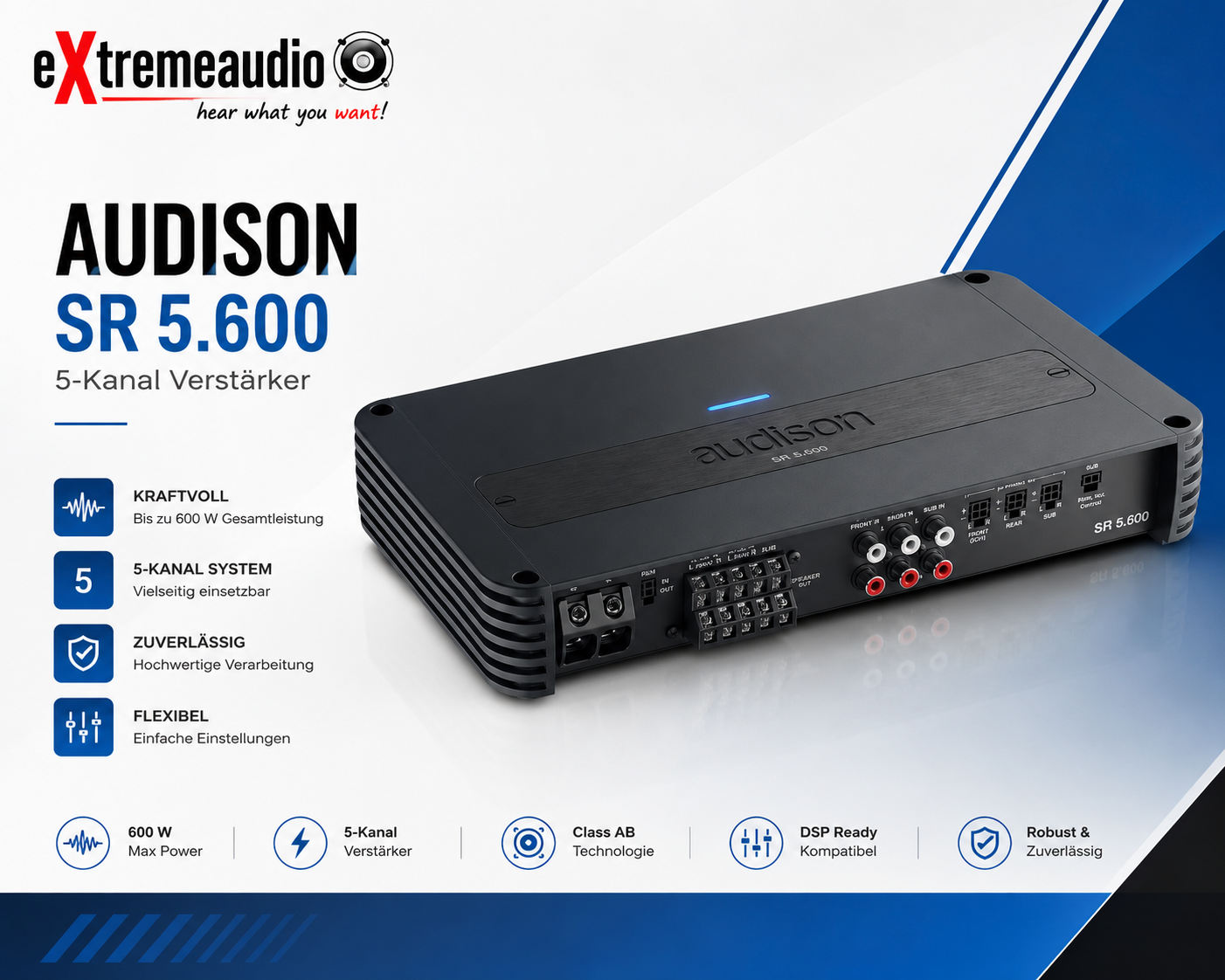 Audison SR 5.600 Ver.2 5-KANAL VERSTÄRKER Class D Verstärker mit FREQUENZWEICHE 1000 Watt