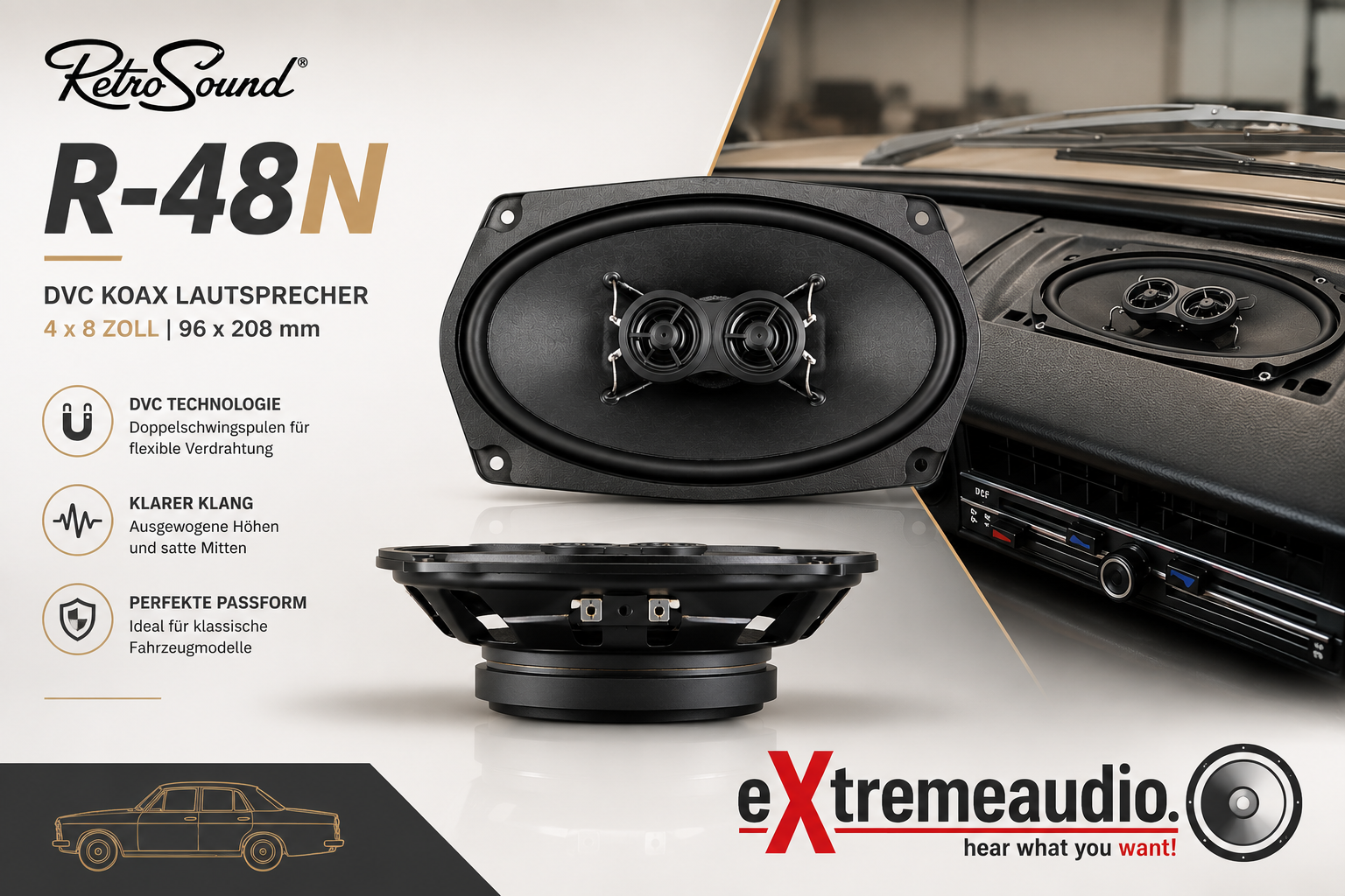 RETROSOUND R-48N DVC Koax Lautsprecher 4 x8 Zoll, 96x208mm (Stück), Neodym - Stückpreis passend für Oldtimer, Mercedes Benz W108, W109, W110, W114, W115