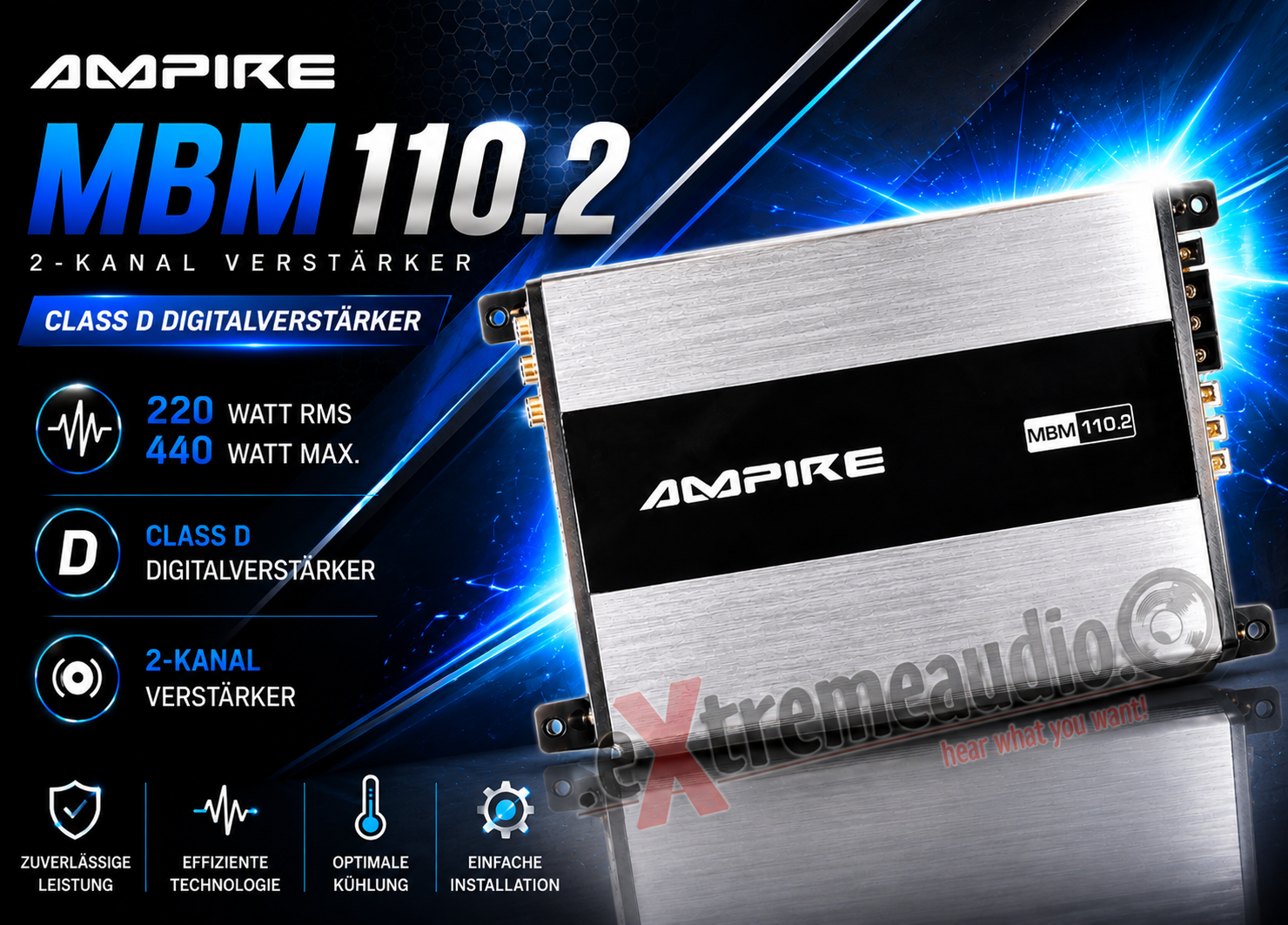 AMPIRE MBM110.2 2-Kanal Verstärker Endstufe, 440 Watt, Class D