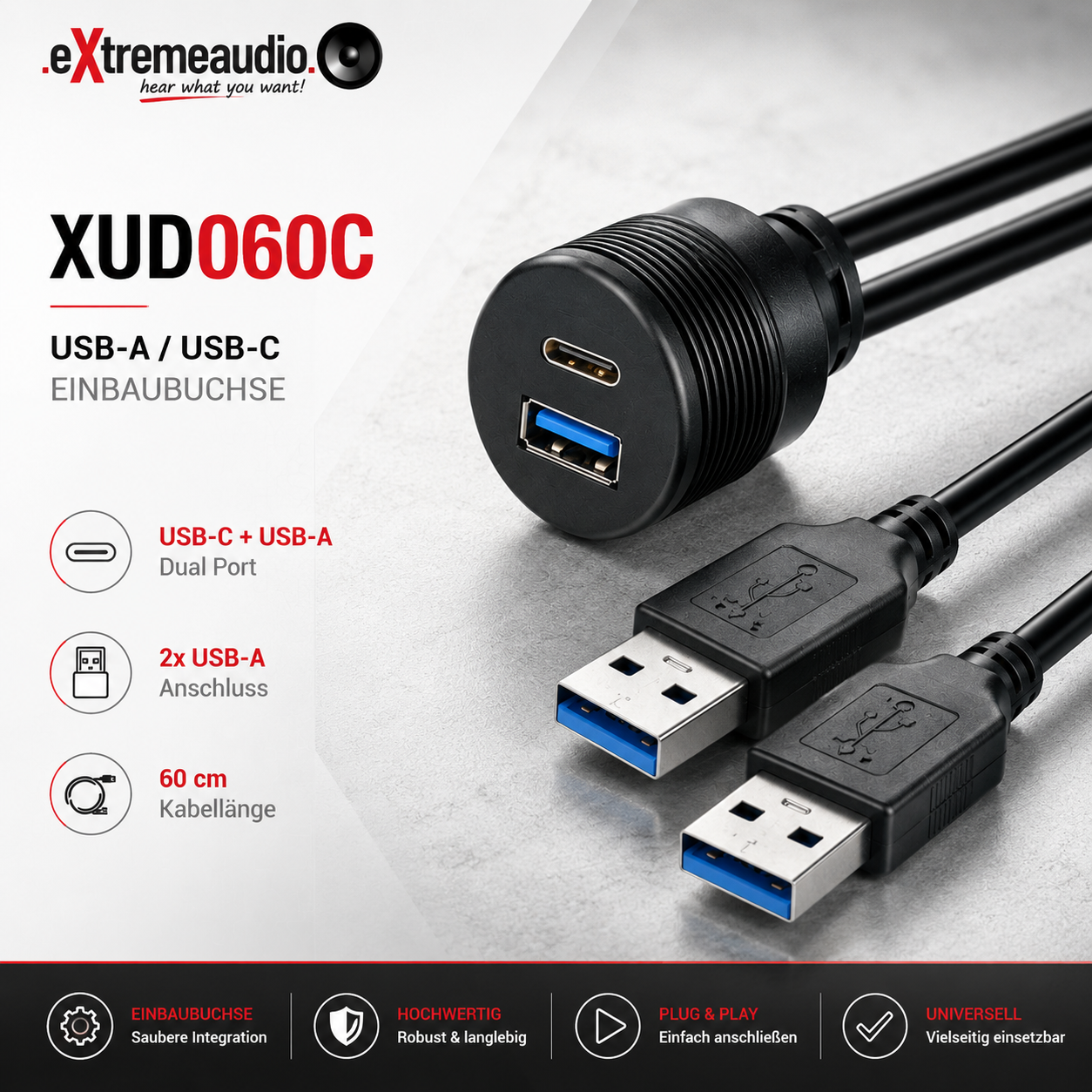 AMPIRE XUD060C USB-A/USB-C Einbaubuchse mit 60cm Kabel auf USB-A   