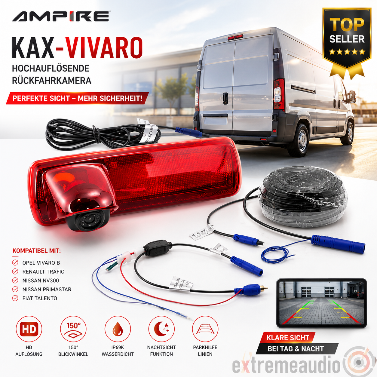 Ampire KAX-VIVARO Rückfahrkamera kompatibel mit Opel Vivaro B, Renault Trafic, Nissan NV300, Nissan Primastar, Fiat Talento