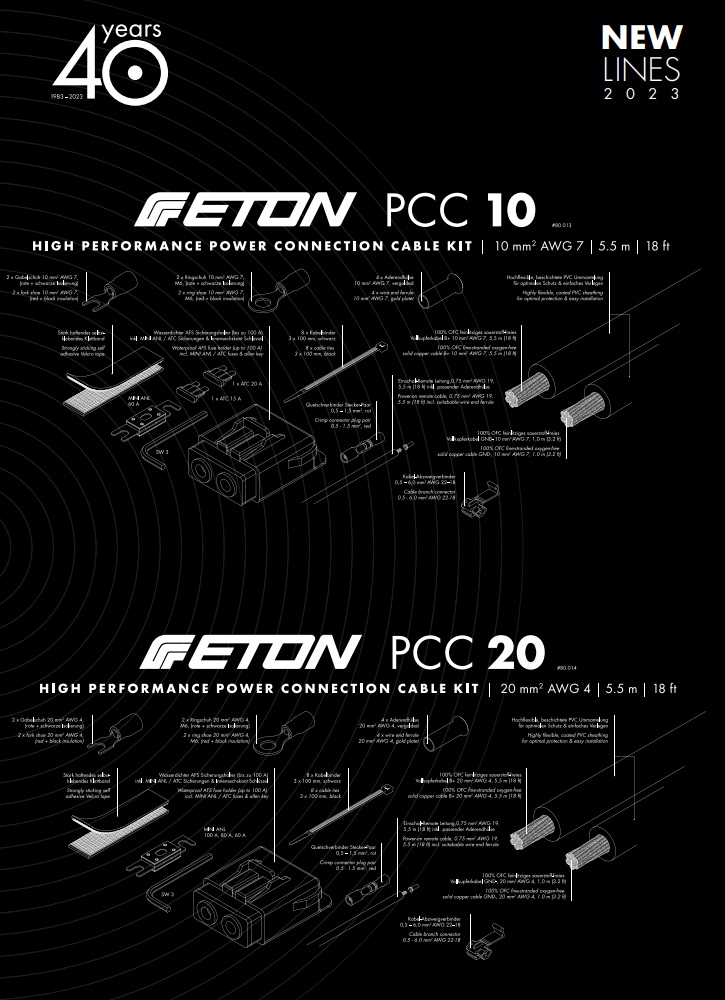 ETON PCC 20 Verstärker Anschlußset 20 mm² Power Connection Cable Set 20 mm2 Set zur Installation von Auto Verstärkern und Aktiv Subwoofern