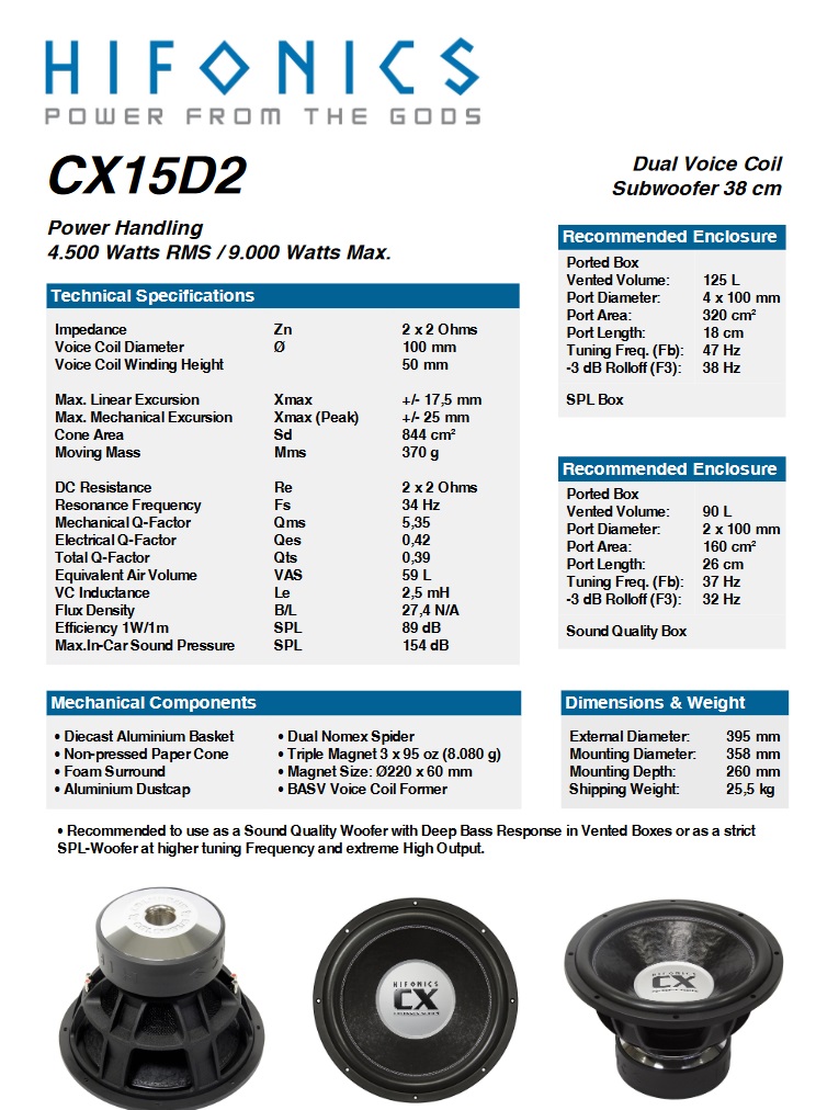 HIFONICS CX15D2 SUBWOOFER 38 cm CX-15D2 9000 Watt