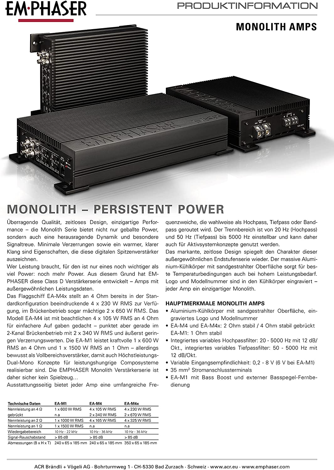 EMPHASER EA-M1 Monolith 1-Kanal Mono Verstärker Amplifier 1500 Watt RMS mit Basspegel Fernbedienung 