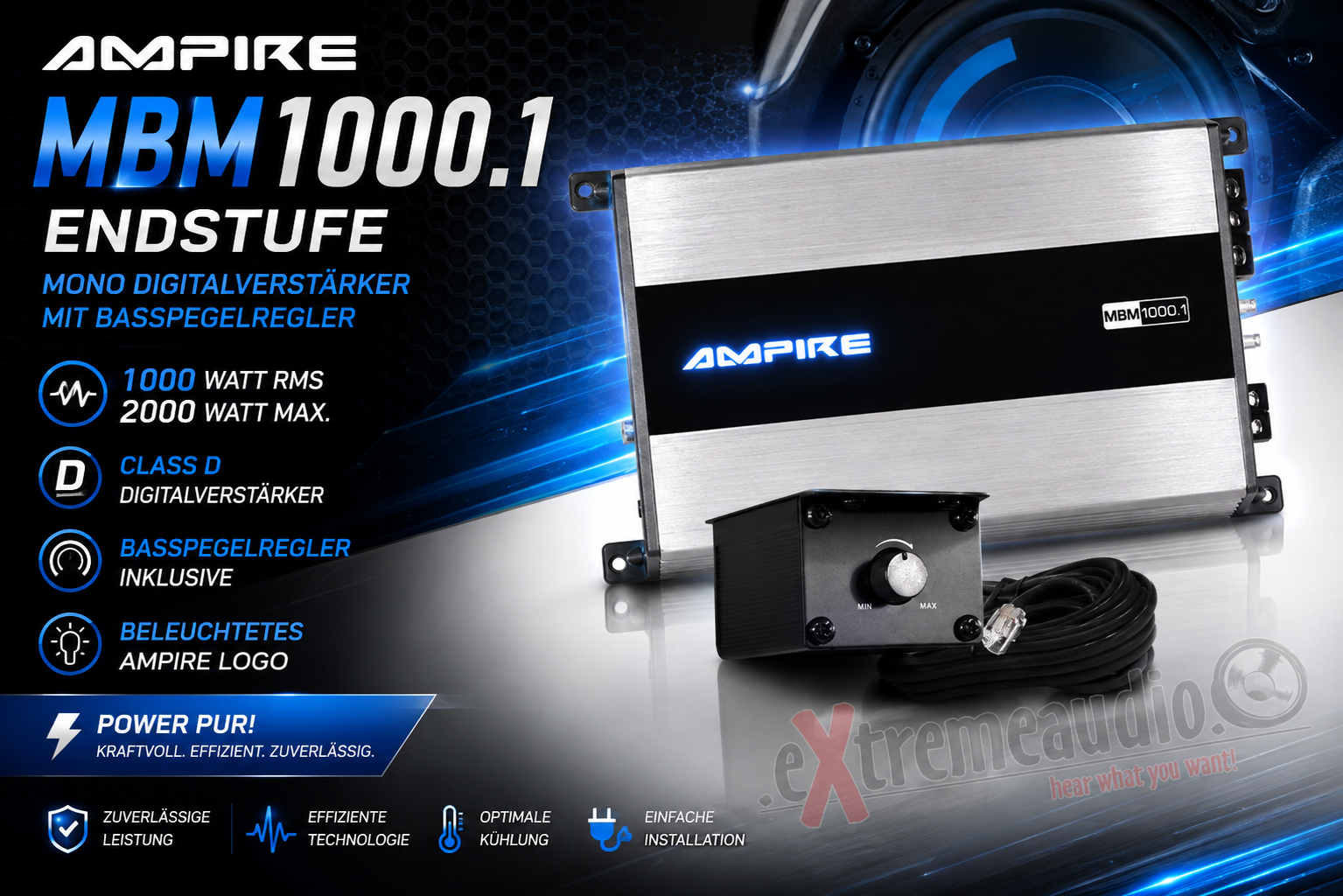 AMPIRE MBM1000.1 Endstufe Mono Verstärker Class D 1000 Watt RMS/2000 Watt max. mit Basspegelregler