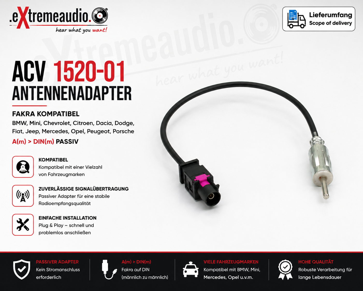 ACV 1520-01 Antennenadapter Fakra kompatibel mit BMW, Mini, Chevrolet, Citroen, Dacia, Dodge, Fiat, Jeep, Mercedes, Opel, Peugeot, Porsche A(m)>DIN(m) passiv